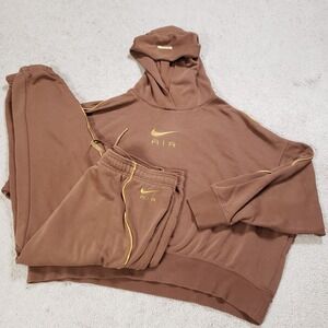 Nike Sweatsuit Women XL Brown Cropped Oversize Hoodie Sweatshirt Jogger Set READ